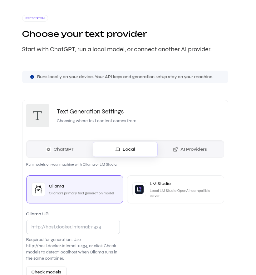 Close-up of local text provider setup with Ollama and LM Studio