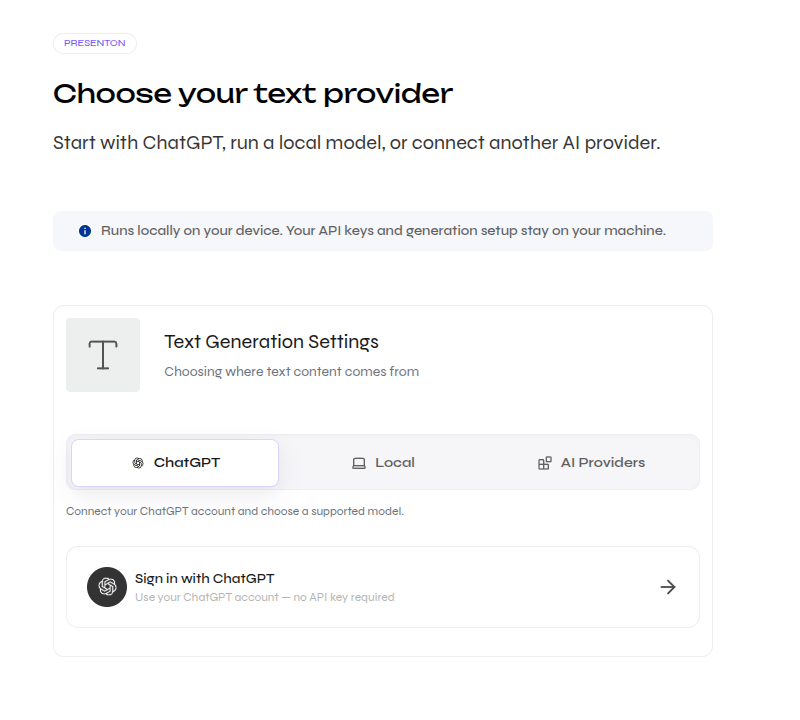 Close-up of the open-source text provider choices: ChatGPT, Local, and AI Providers