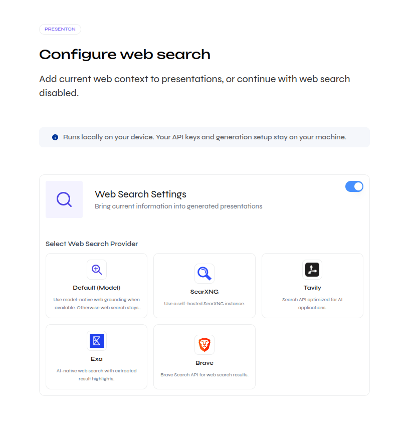 Close-up of open-source web search provider choices including Default, SearXNG, Tavily, Exa, and Brave