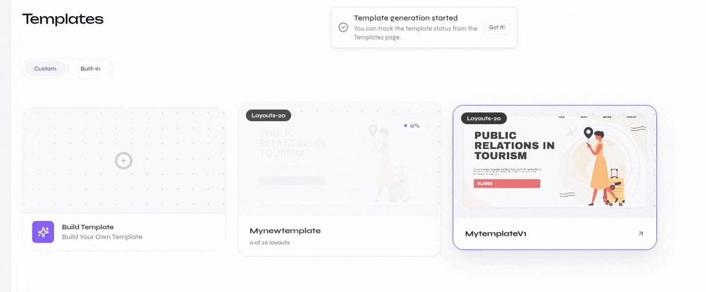 Close-up of the Custom template library showing layout generation progress