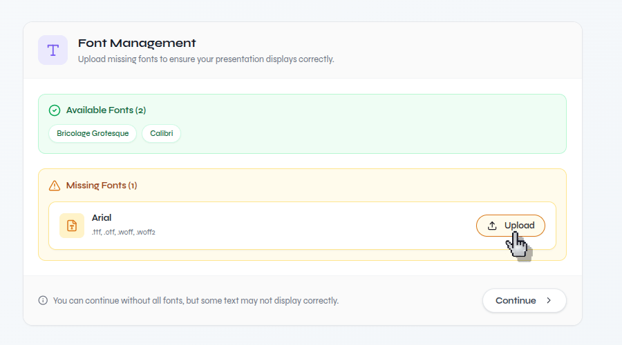 Close-up of Template Studio Font Management with an upload action for a missing font