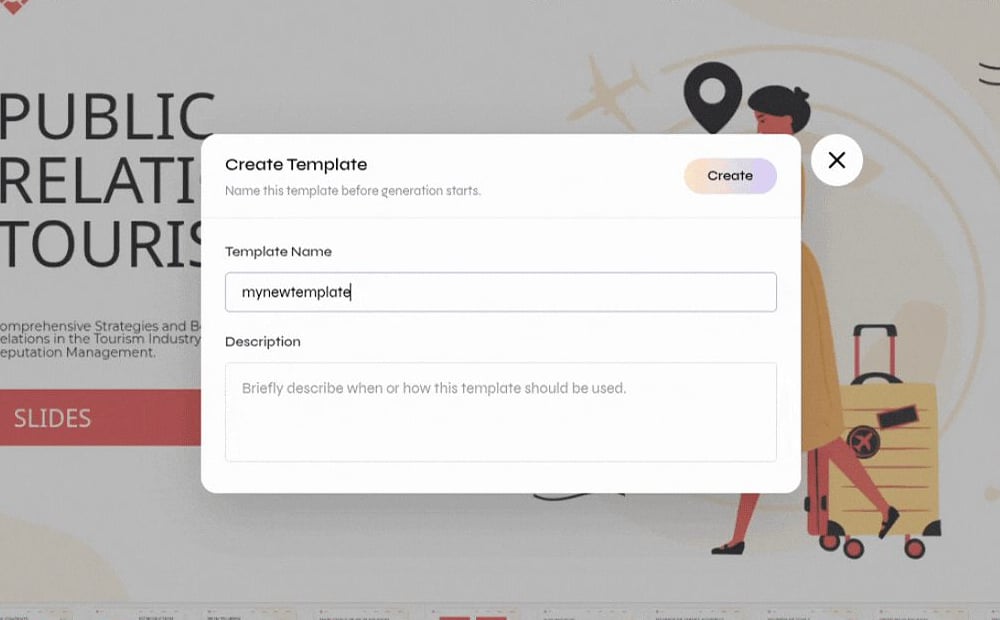 Close-up of the Create Template dialog with template name and description fields