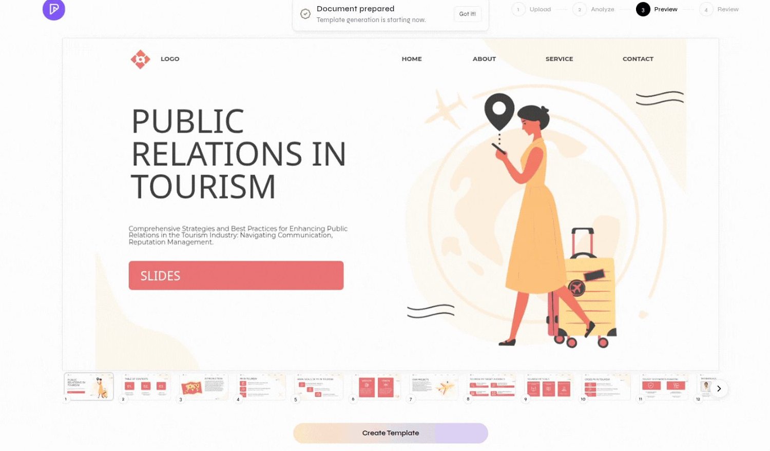 Close-up of Template Studio with a source slide, thumbnails, and Create Template action