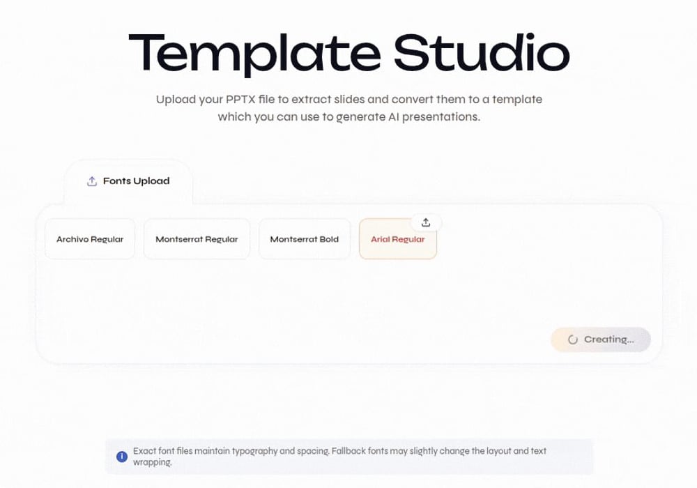 Close-up of Template Studio font analysis with detected fonts and a missing font upload control
