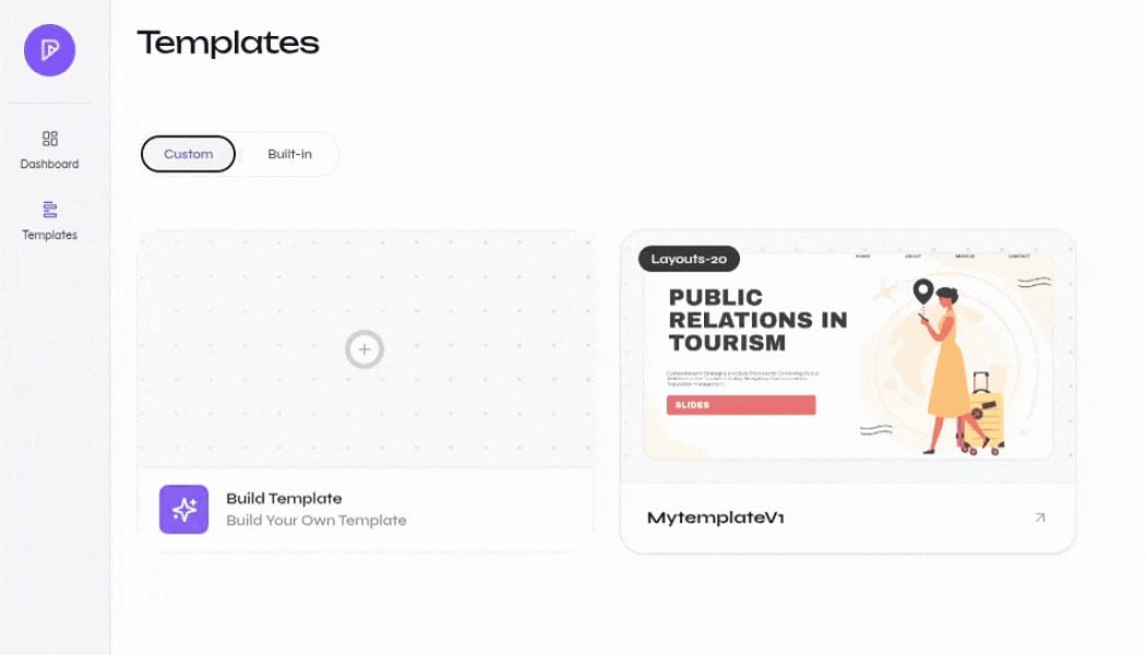Close-up of the Templates page with the Build Template card, a custom template, and New Template button