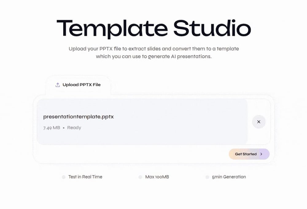 Close-up of Template Studio with an uploaded PowerPoint presentation ready for processing