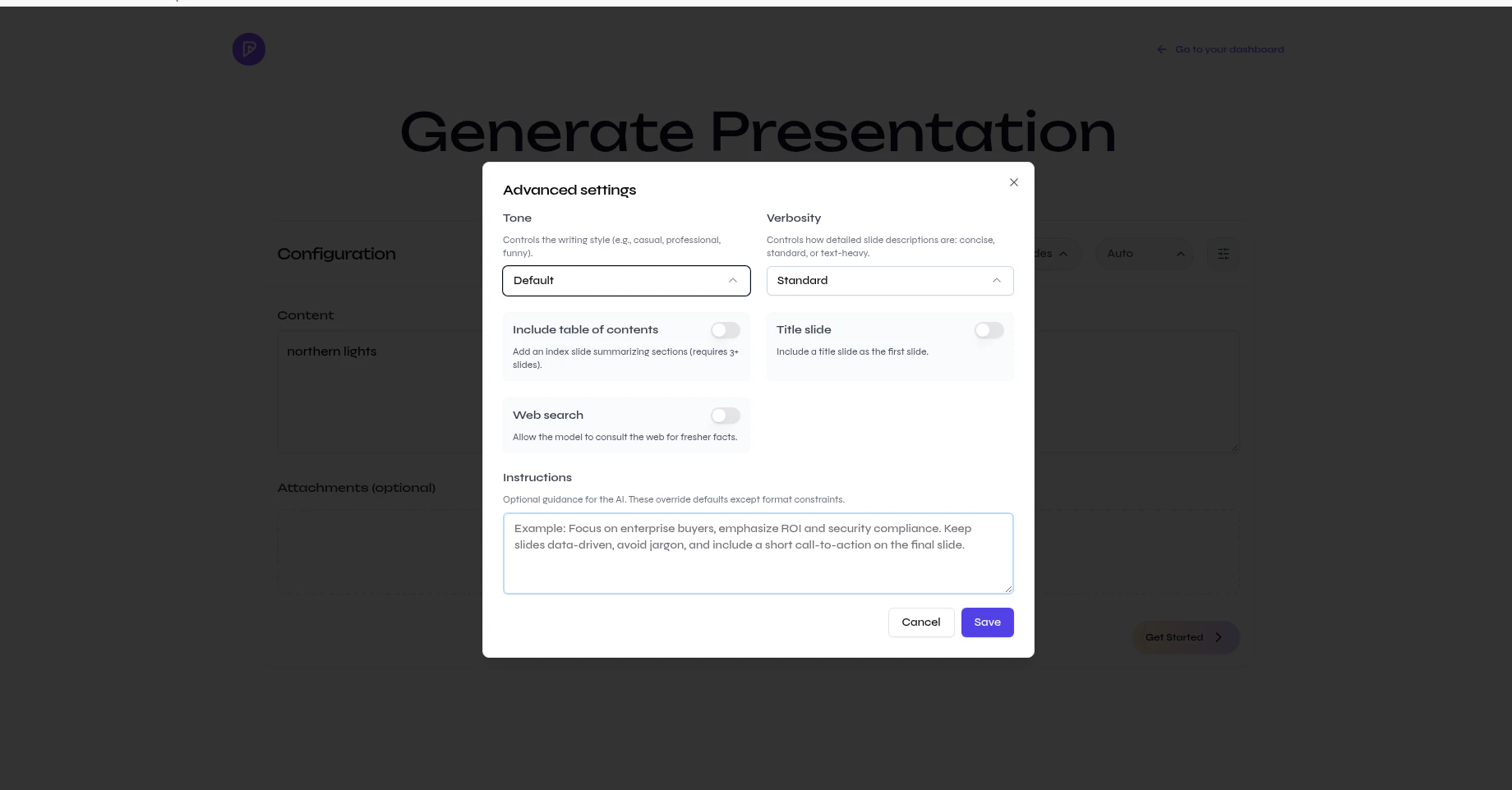 Presenton advanced settings modal showing options for tone, verbosity, table of contents, title slide, web search, and instructions