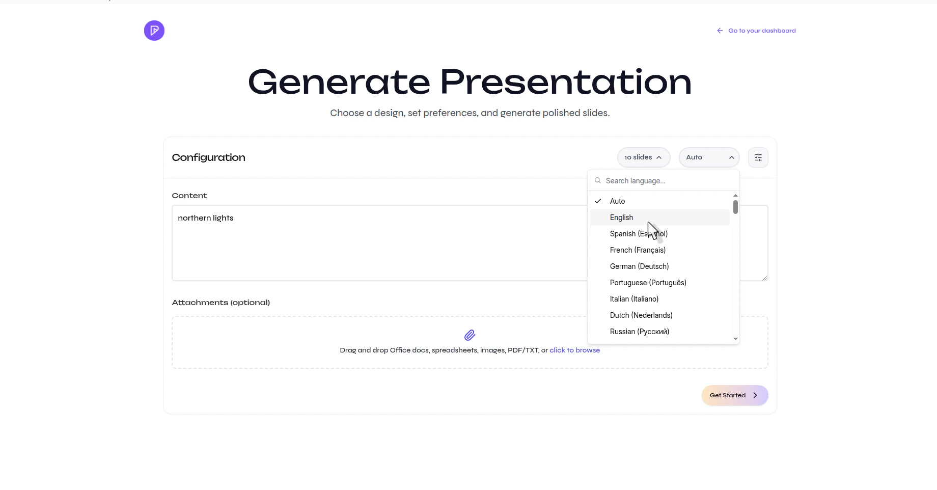 Presenton Generate Presentation page with the language dropdown open and multiple language options visible