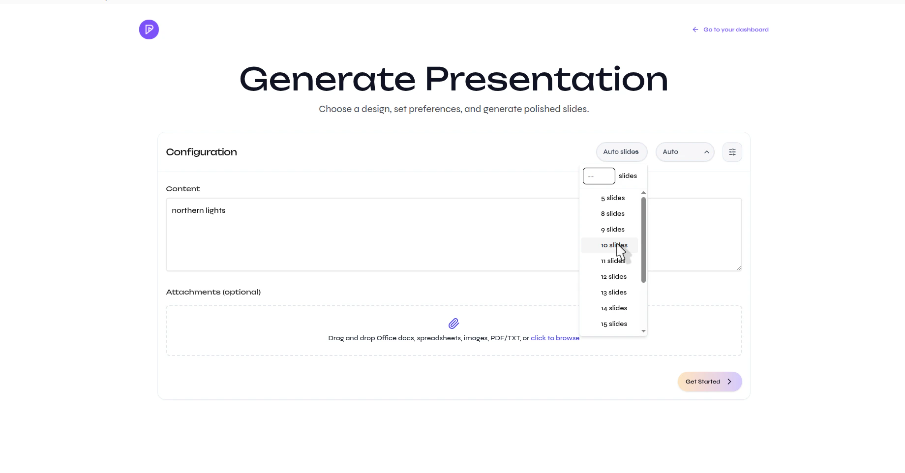 Presenton Generate Presentation page with the slide count dropdown open and multiple slide-count options visible