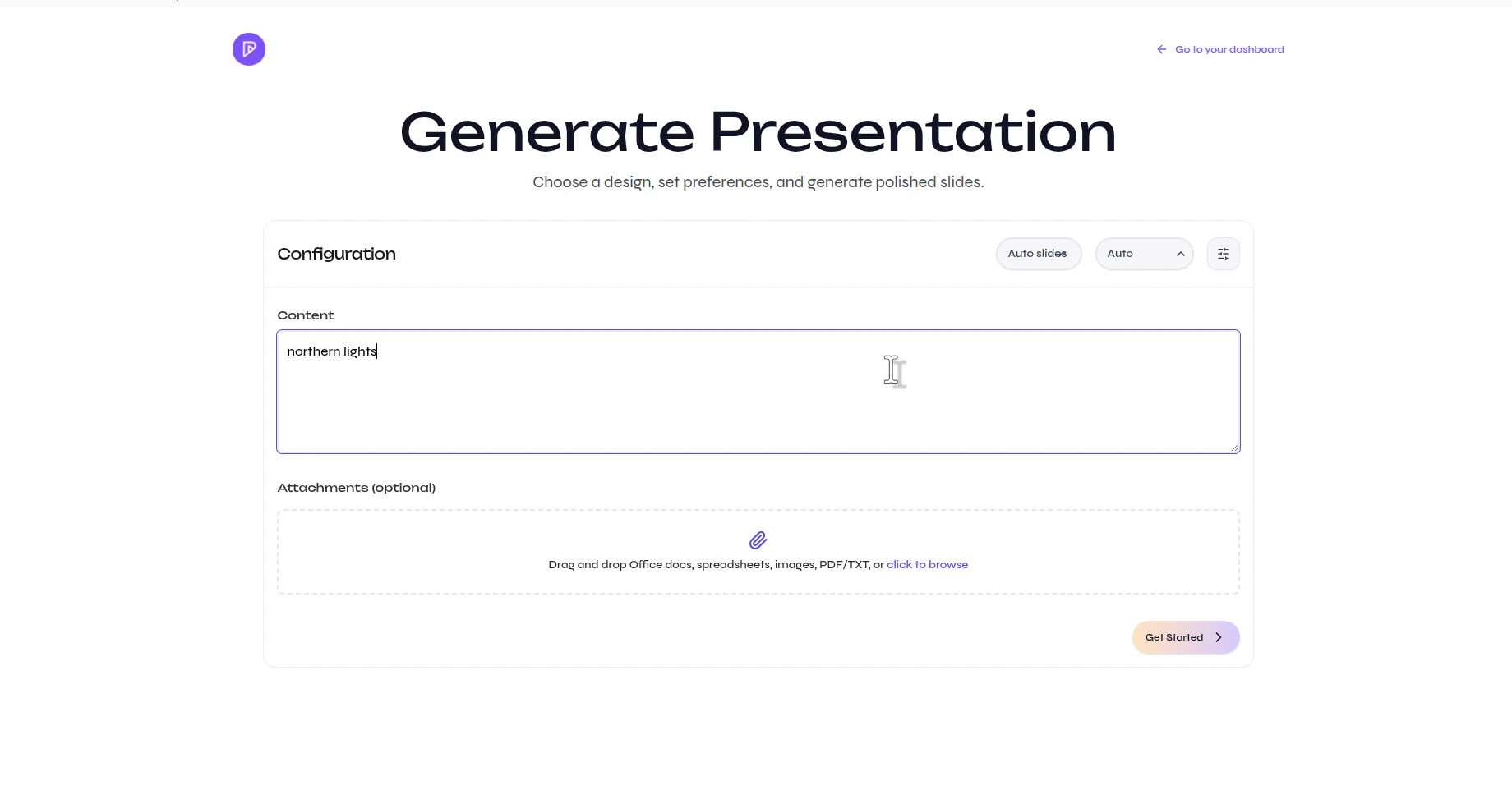 Presenton Generate Presentation page with the Content field filled with a sample topic