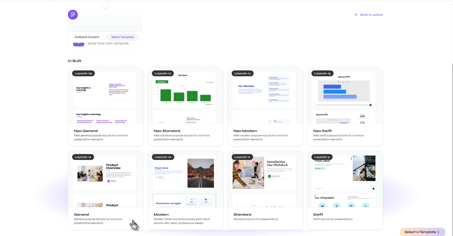 Presenton template gallery showing multiple built-in templates for a generated presentation