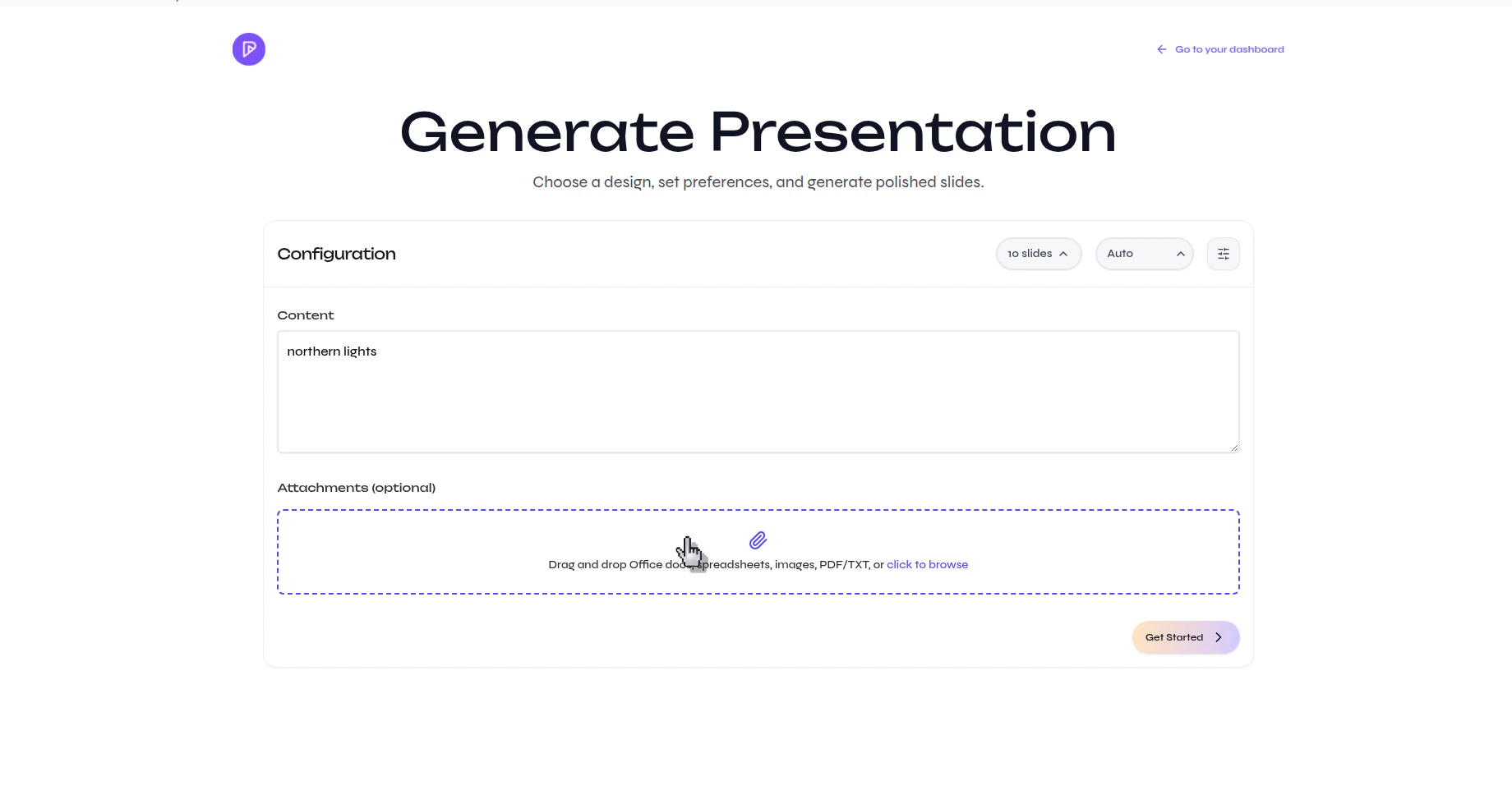 Presenton Generate Presentation page showing the optional attachments area for uploading supporting files