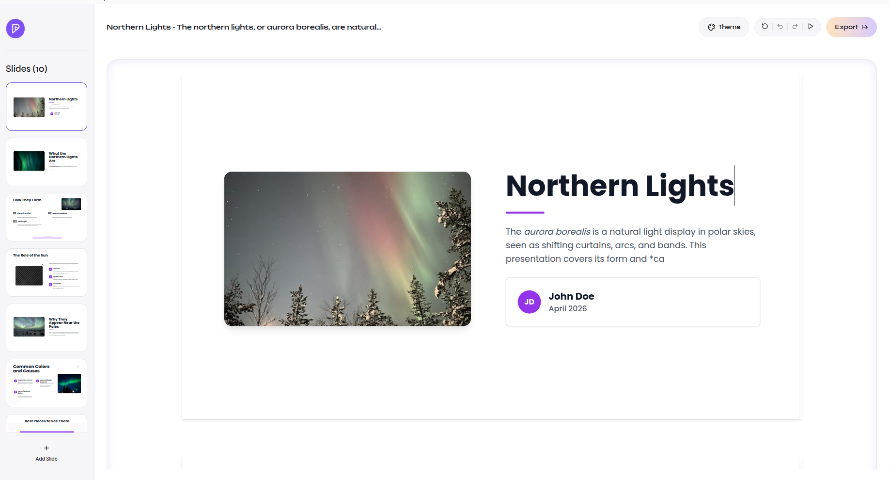 Presenton presentation editor showing a generated deck with slide thumbnails on the left and the selected slide on the canvas