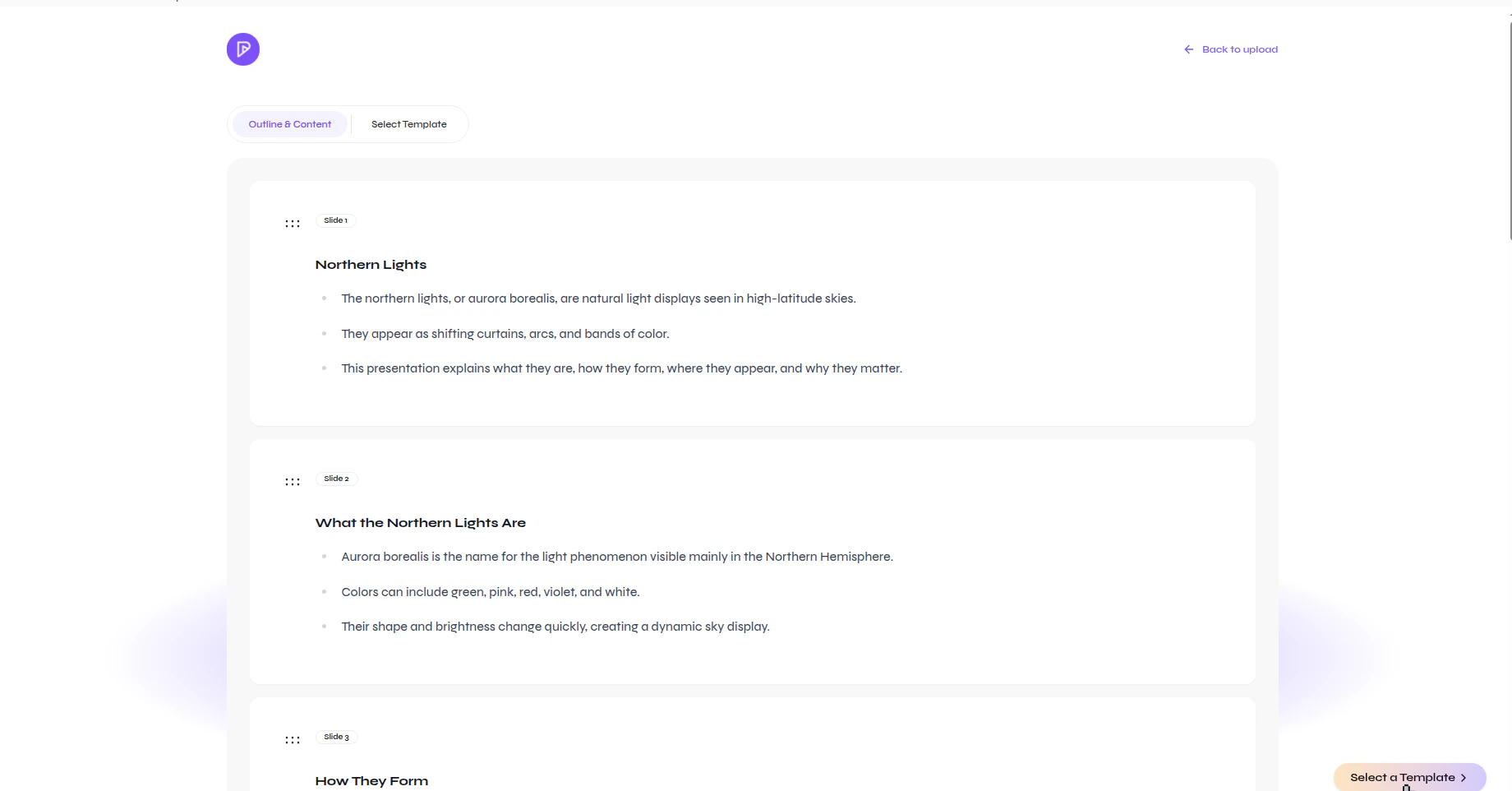 Presenton outline and content view showing multiple generated slides and their draft content