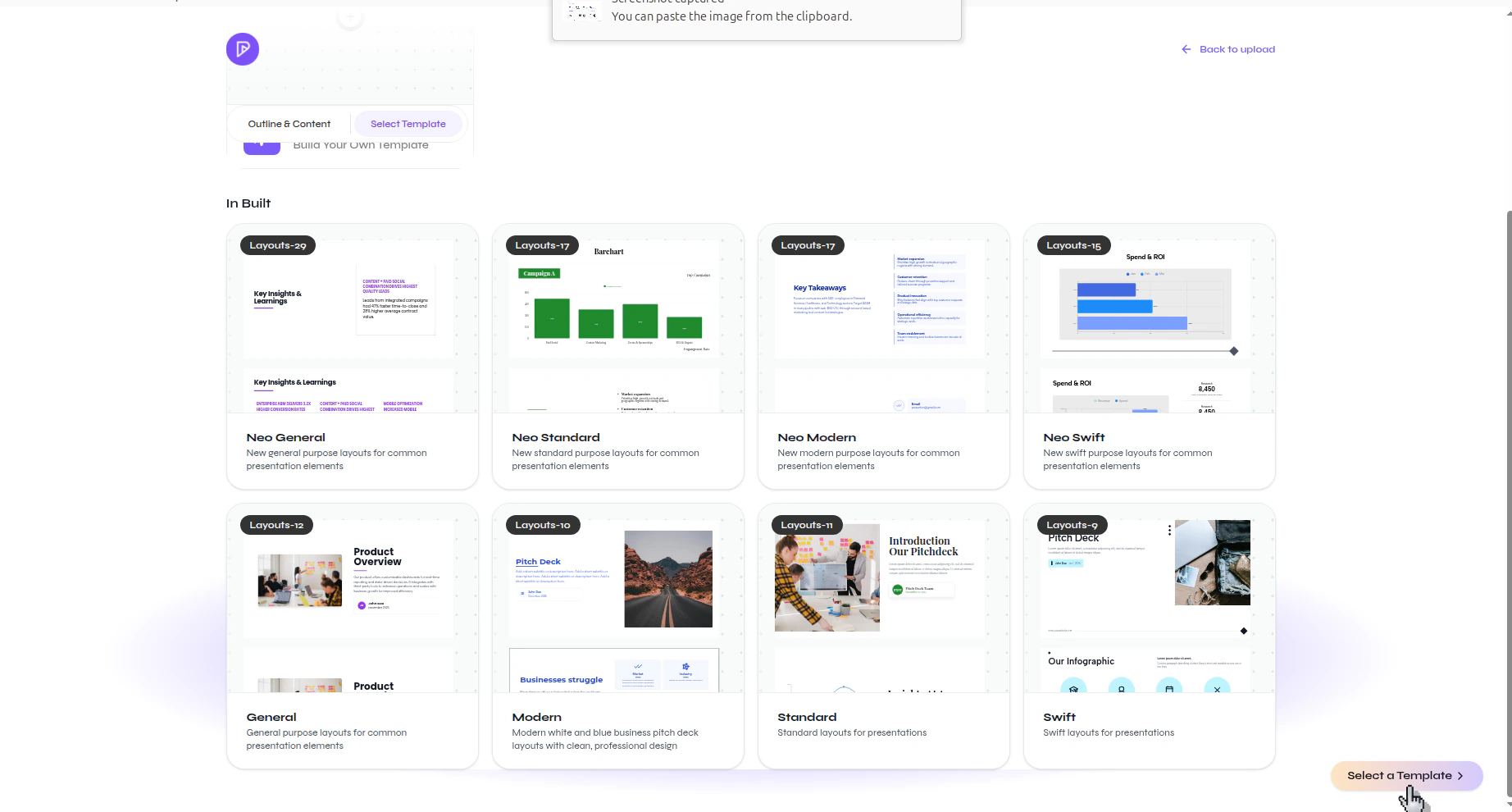 Presenton template gallery with the Select a Template button visible in the bottom-right corner