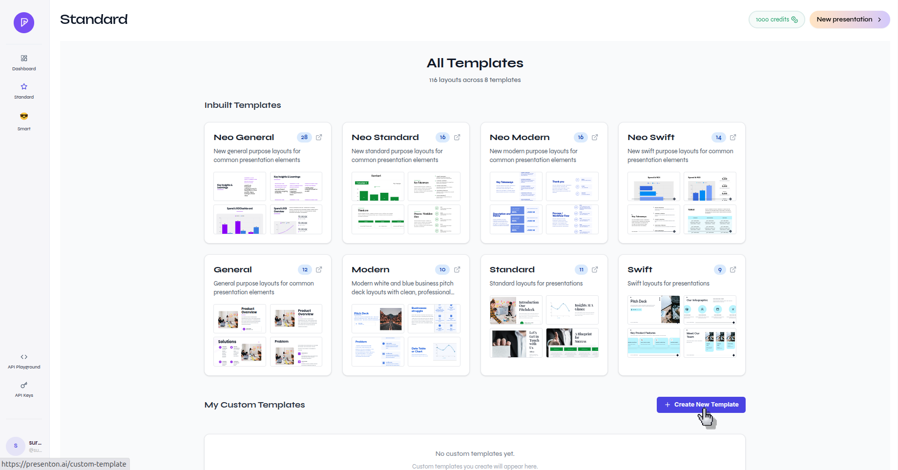 Presenton All Templates page with the Create New Template button visible above the custom templates section