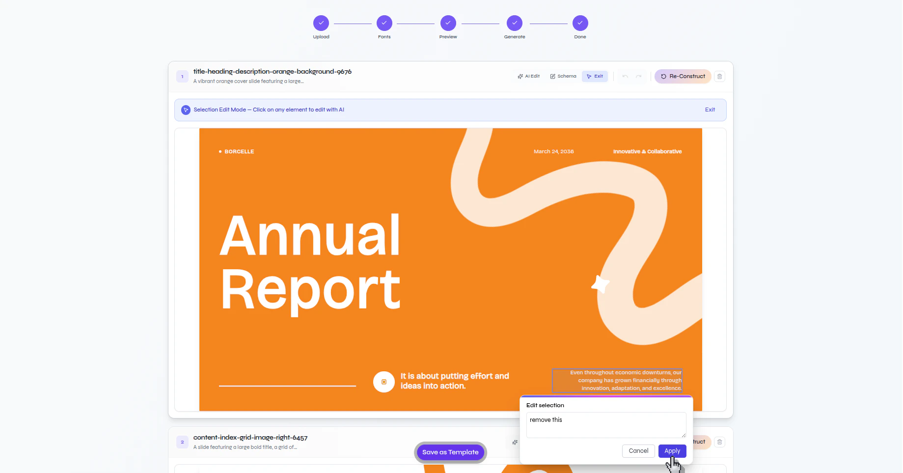Presenton selection edit mode showing an element selected and a prompt panel with an Apply button