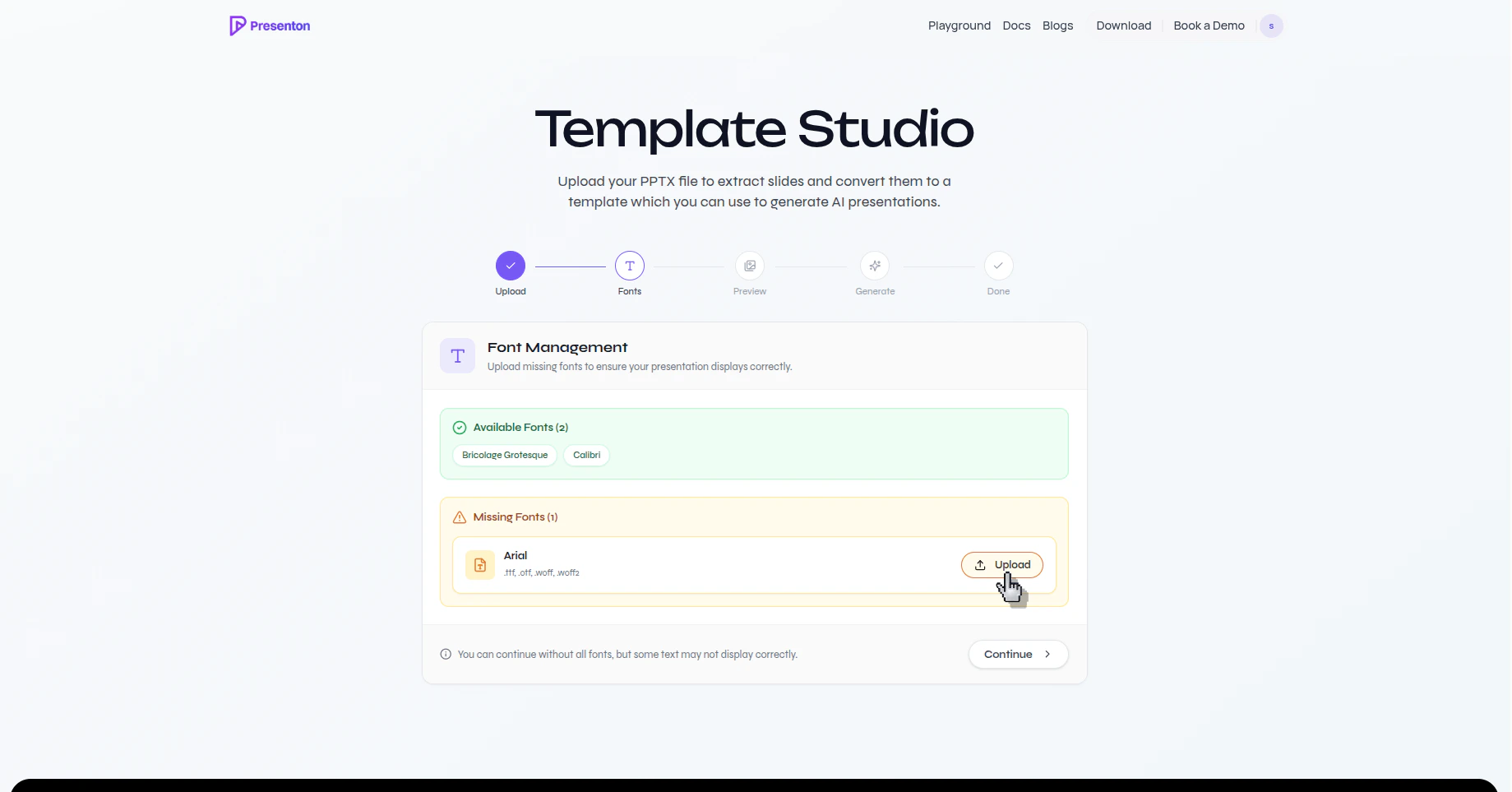 Presenton Font Management screen showing available fonts and a missing font with an Upload button