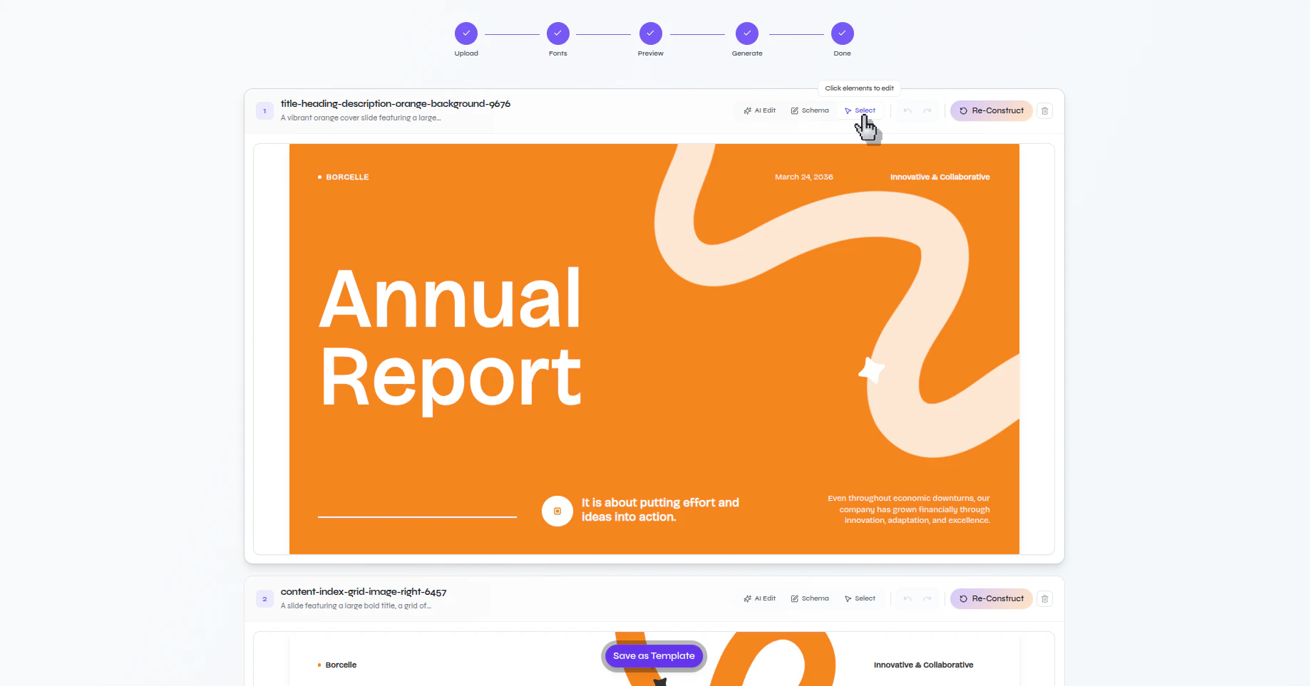 Presenton generated layout in selection edit mode with a prompt to click elements to edit with AI