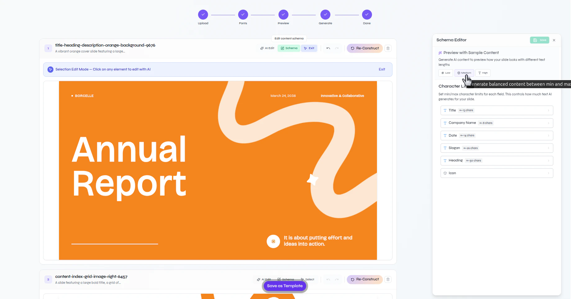 Presenton Schema Editor with the Medium sample-content preview option highlighted