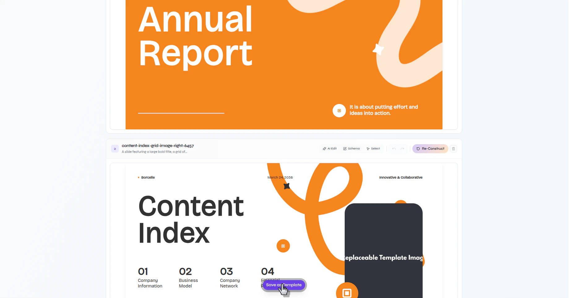 Presenton generated layouts view with the Save as Template button visible between layouts