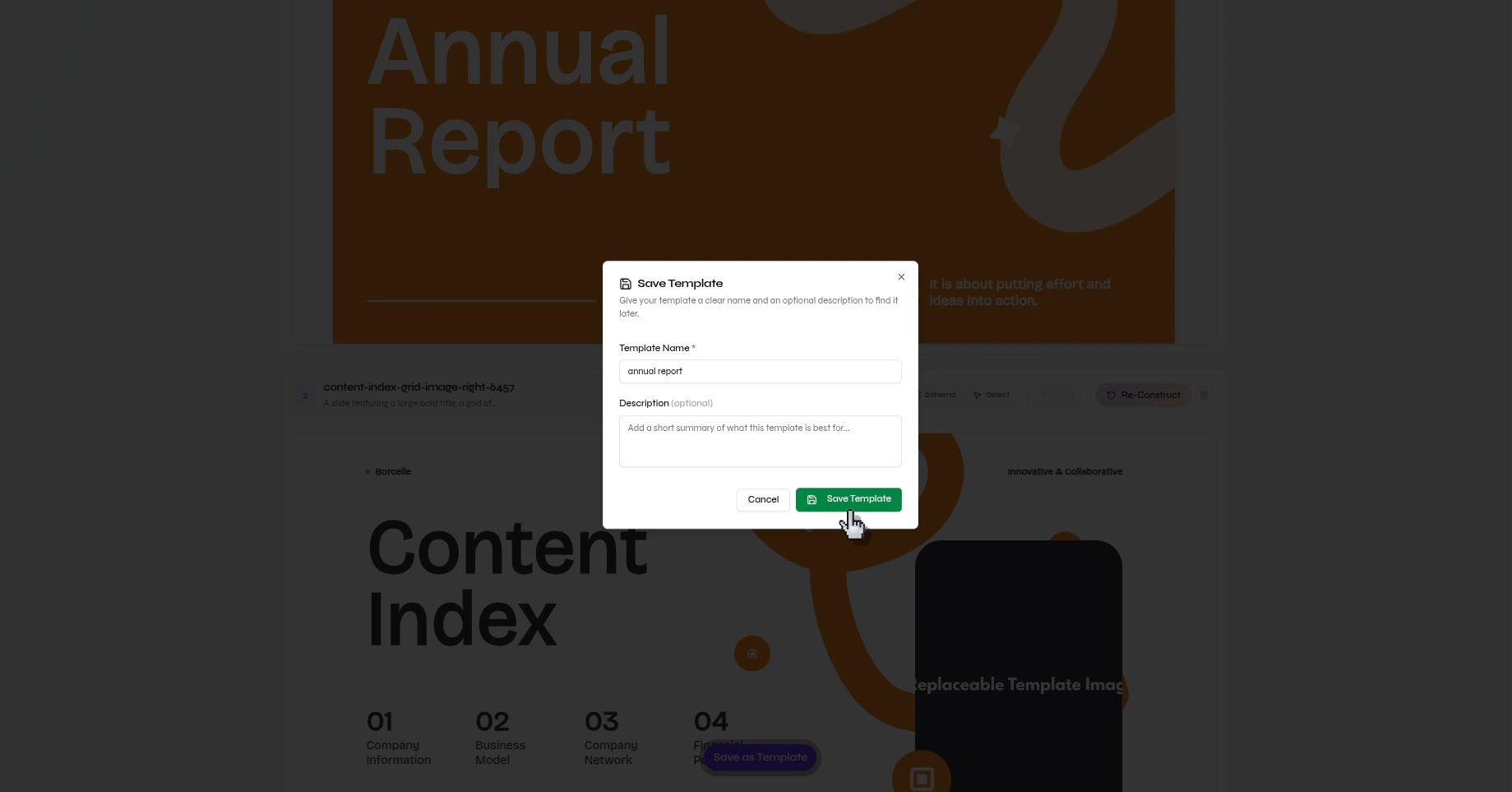 Presenton Save Template dialog with fields for template name and description and a Save Template button