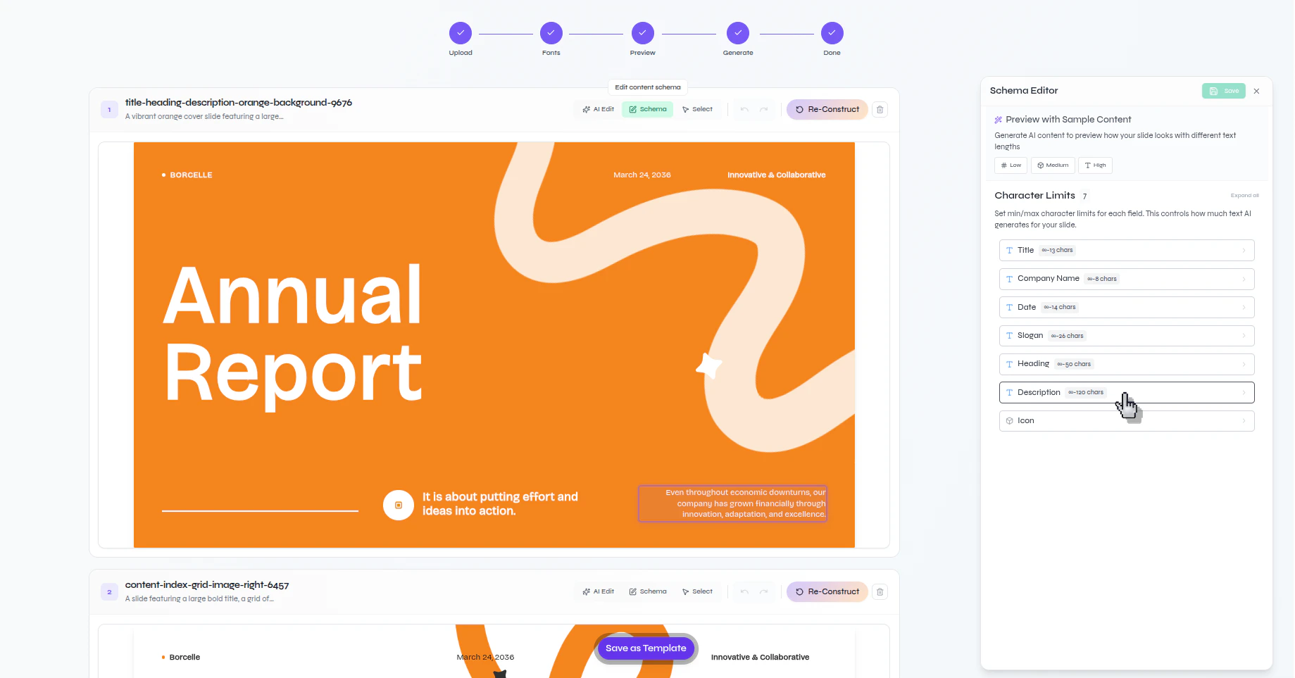 Presenton Schema Editor showing editable character limits for multiple detected fields including description and icon
