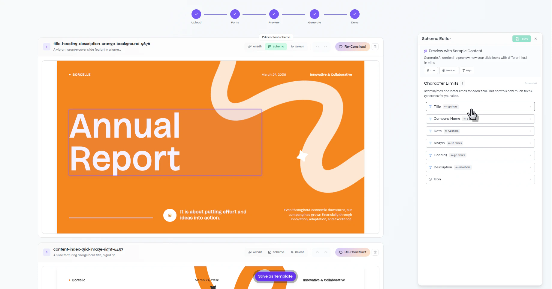 Presenton generated layout view with the Schema editor open and the Title field character limits visible