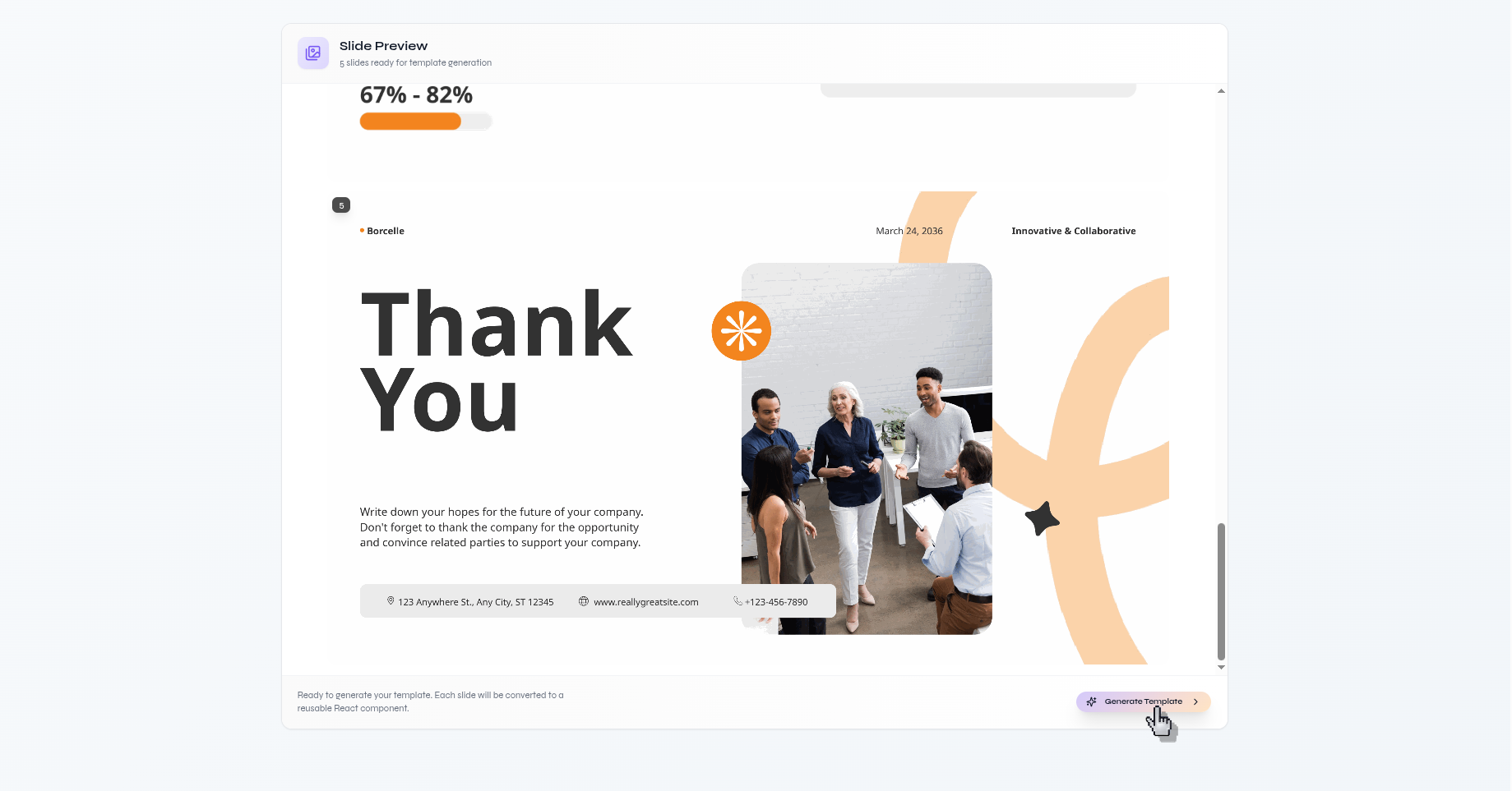 Presenton Slide Preview screen showing a rendered slide and the Generate Template button