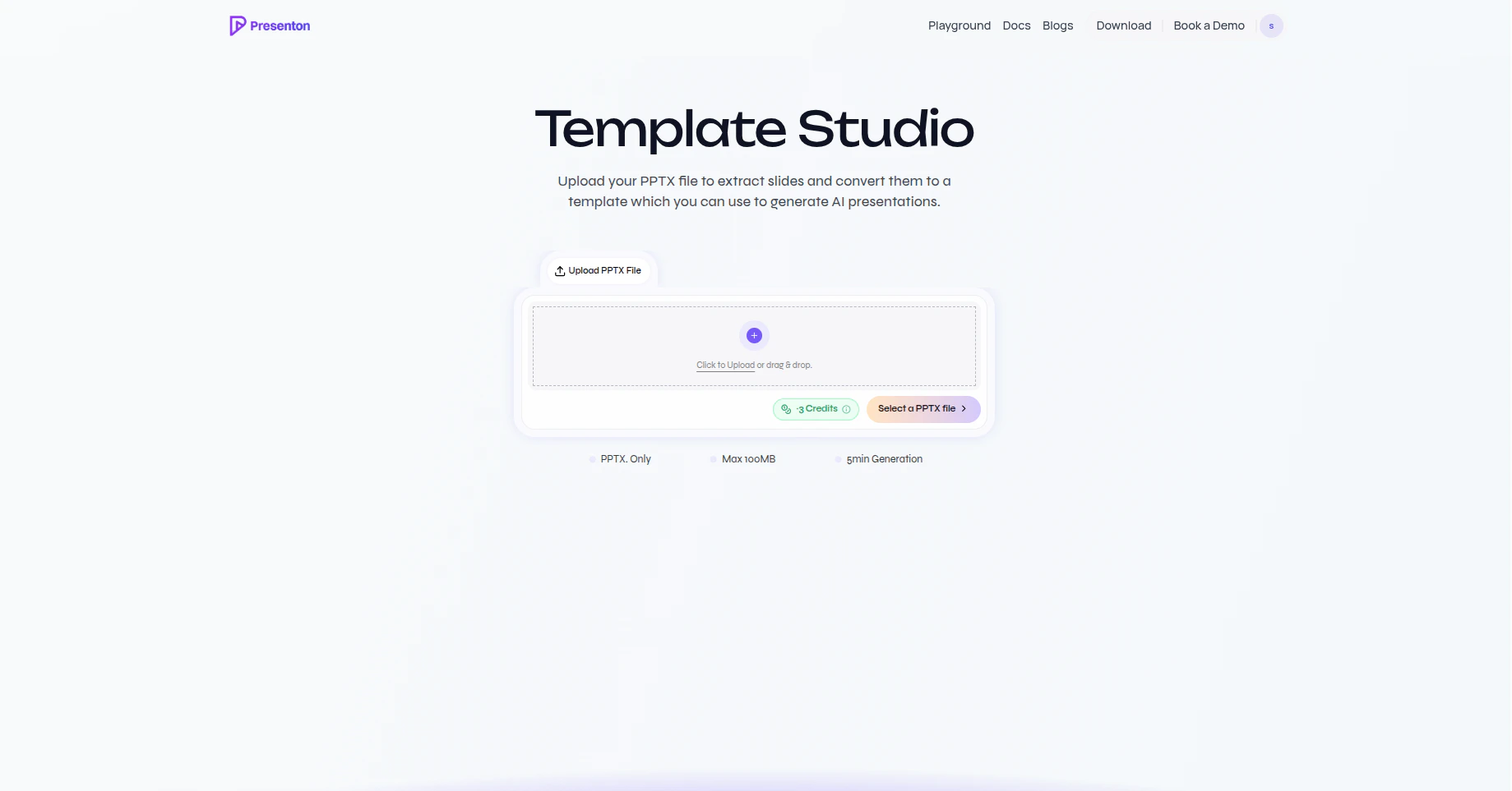Presenton Template Studio upload page with the PPTX upload area and Select a PPTX file button