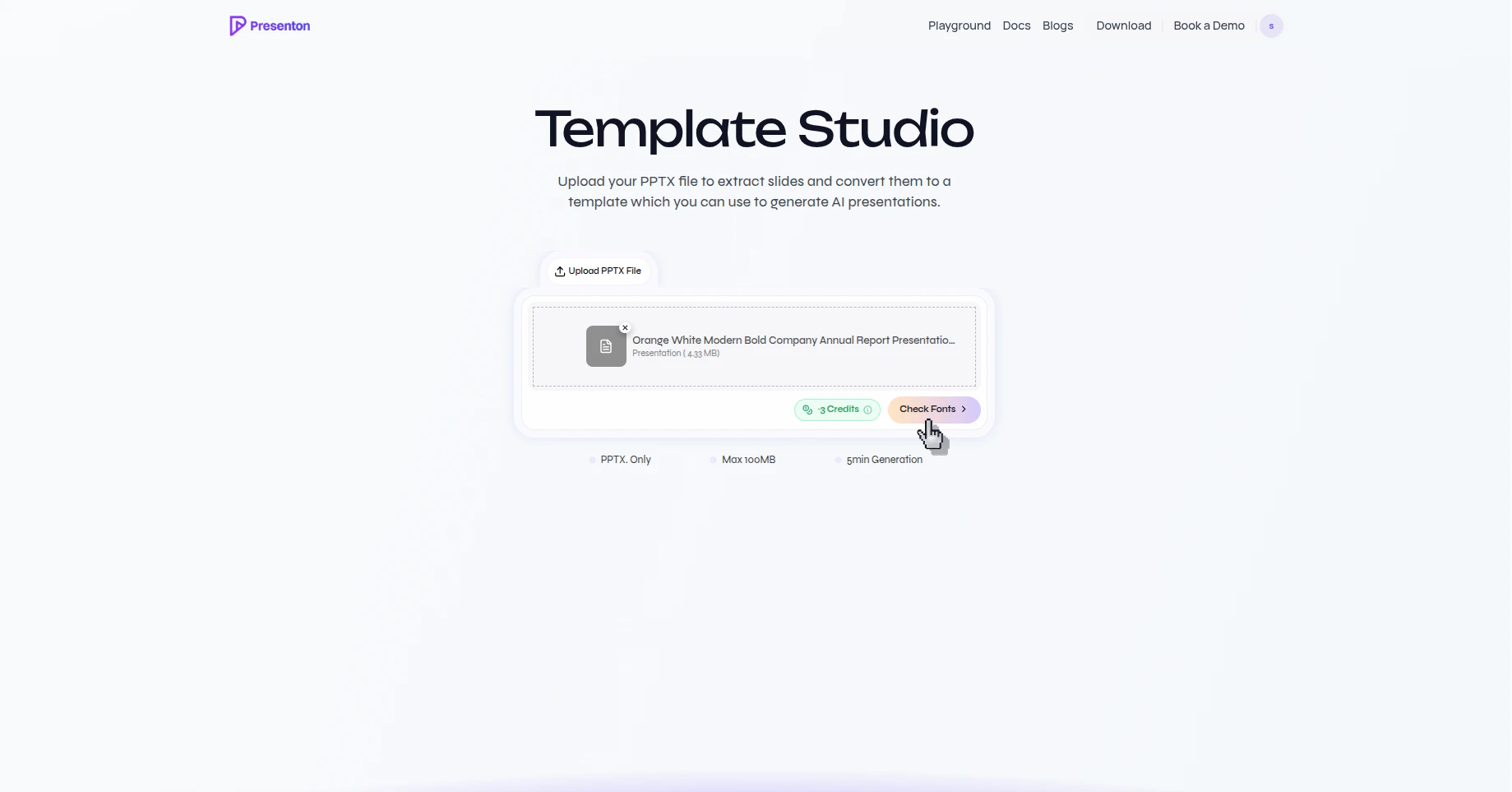 Presenton Template Studio showing an uploaded PPTX file and the Check Fonts button