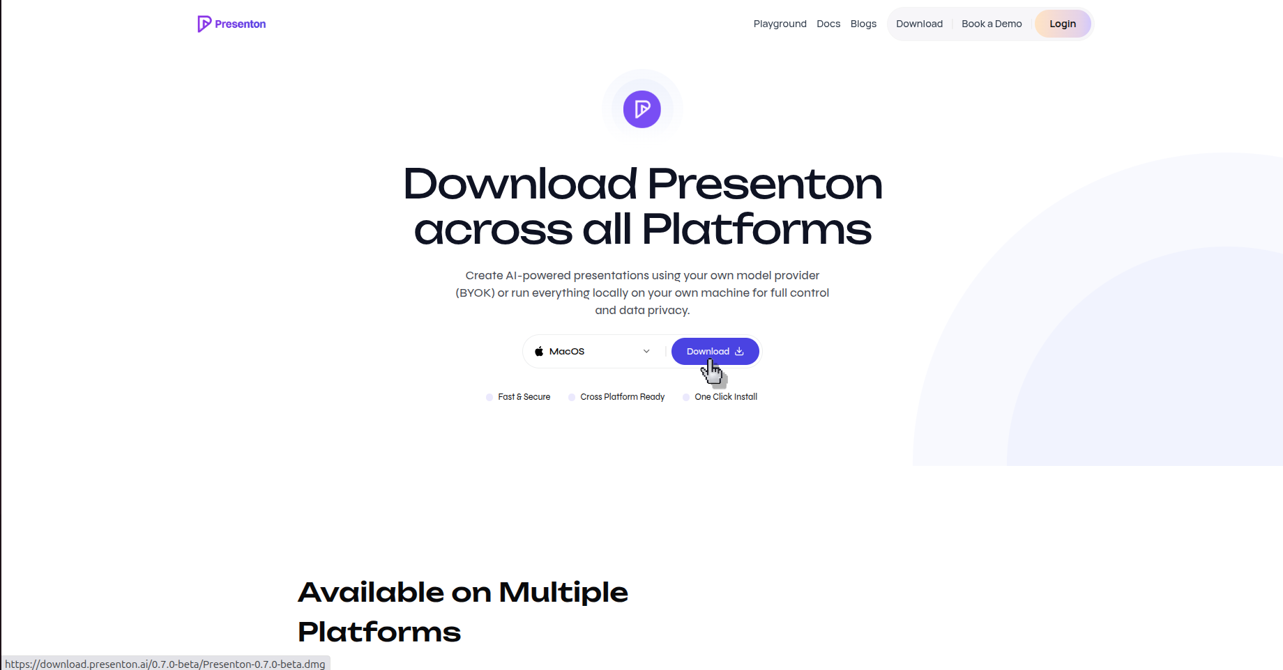 Presenton download page with macOS selected and the Download button highlighted