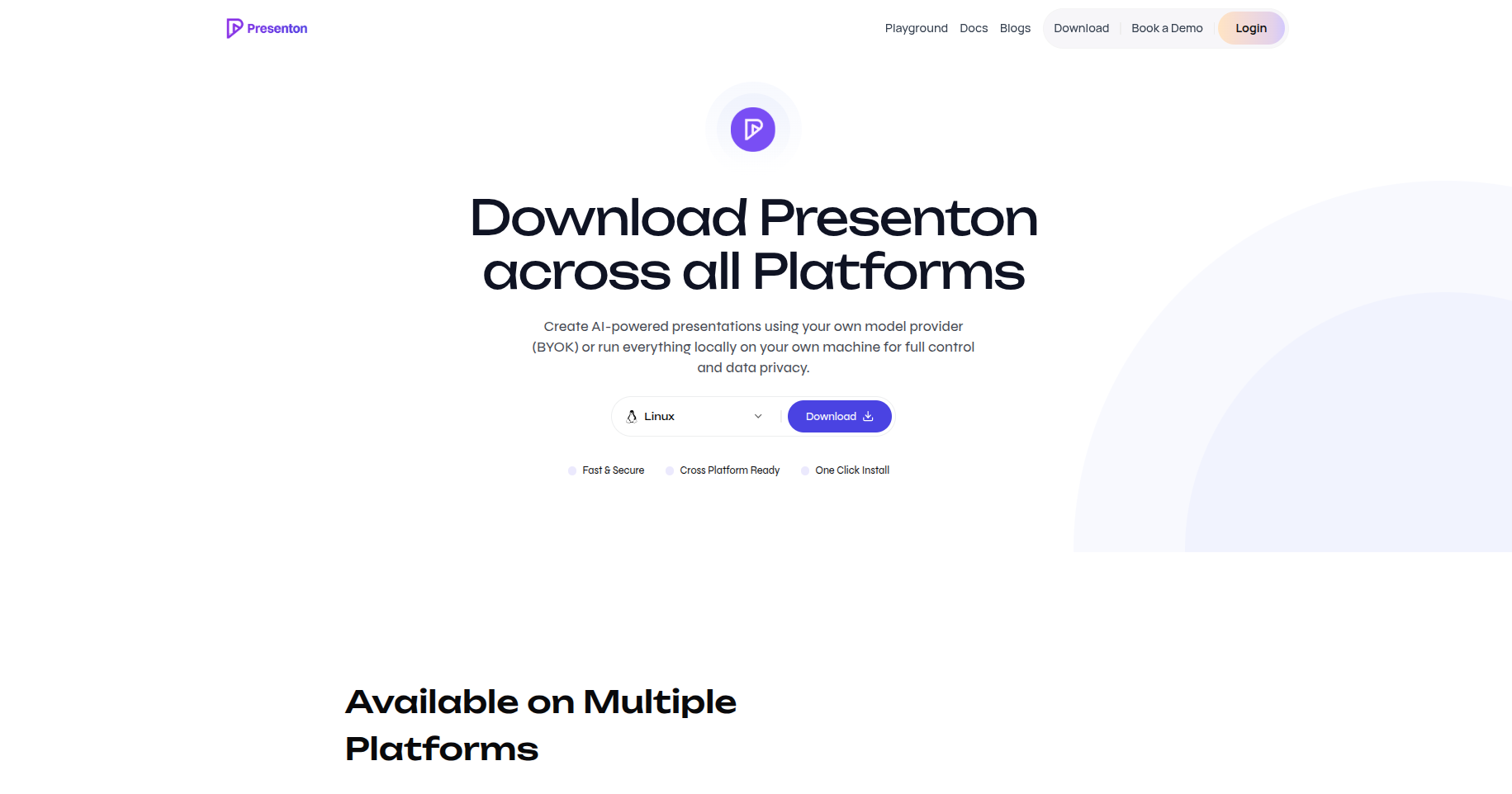 Presenton website showing the Download option in the top navigation and the download page for the desktop app
