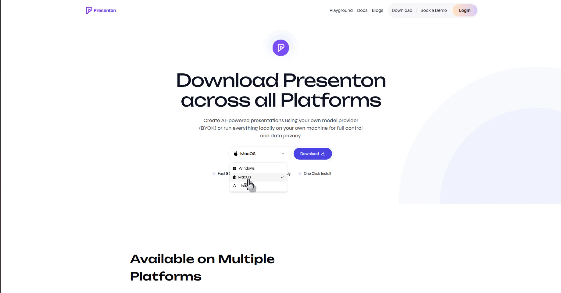 Presenton download page with the platform selector open and Windows, macOS, and Linux options visible