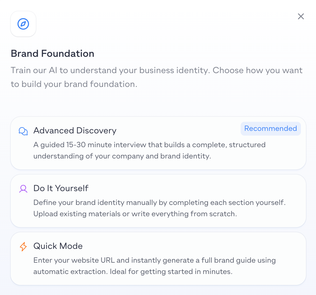 Brand Foundation setup showing Advanced Discovery, Do It Yourself, and Quick Mode options