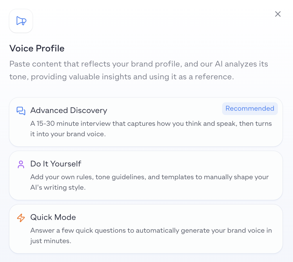 Voice Profile setup showing Advanced Discovery, Do It Yourself, and Quick Mode options