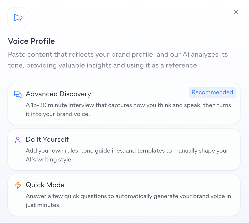 Voice Profile setup showing Advanced Discovery, Do It Yourself, and Quick Mode options