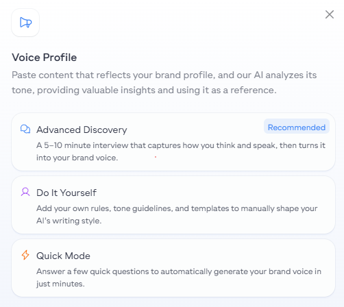 Voice Profile setup showing Advanced Discovery, Do It Yourself, and Quick Mode options