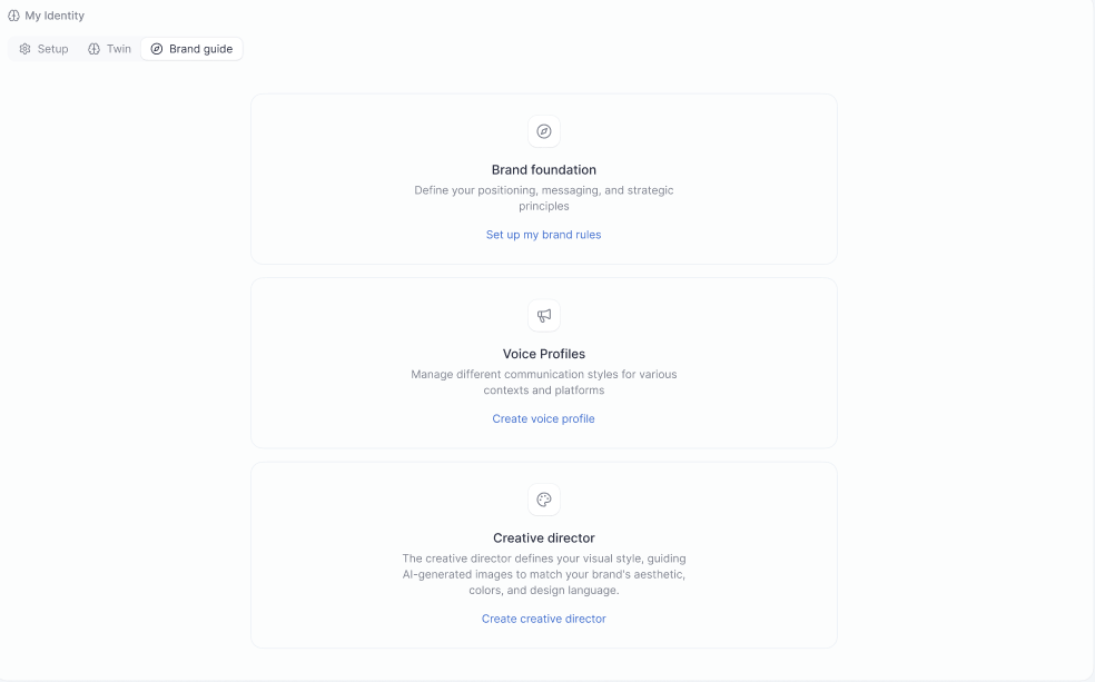 IdentityOS Brand Guide showing Brand Foundation, Voice Profiles, and Creative Director setup