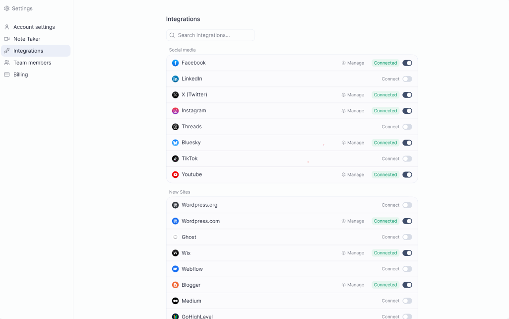 Settings > Integrations screen showing social media and blog platforms with Connect toggles