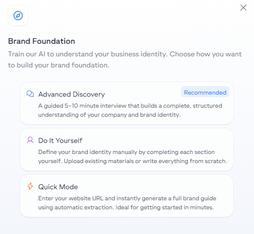 Brand Foundation setup showing Advanced Discovery, Do It Yourself, and Quick Mode options