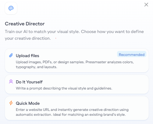 Creative Director setup showing Upload files, Do It Yourself, and Quick Mode options