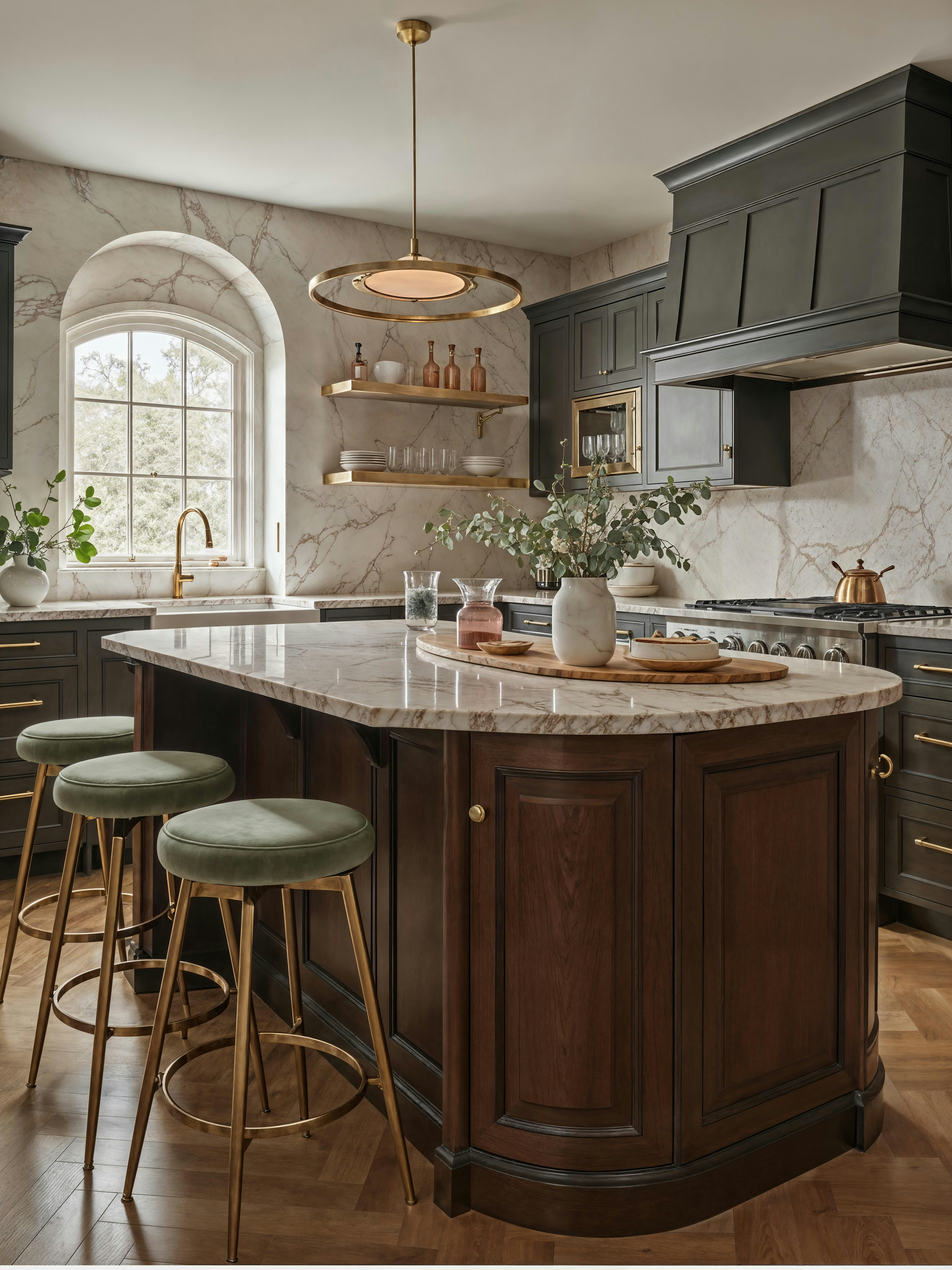 Counter stools in a sophisticated kitchen showcasing a warm walnut island