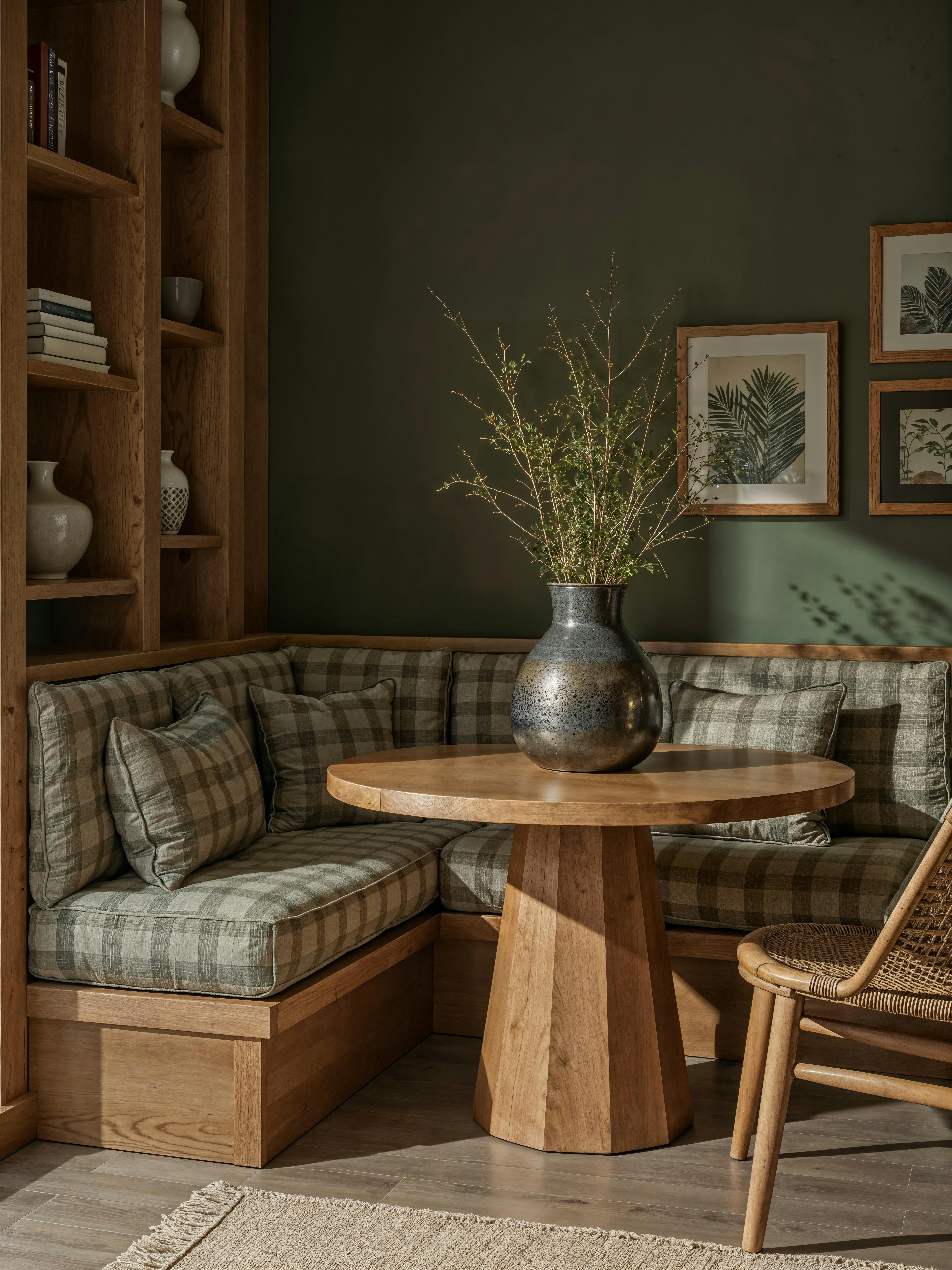 Vase in a cozy built-in breakfast nook