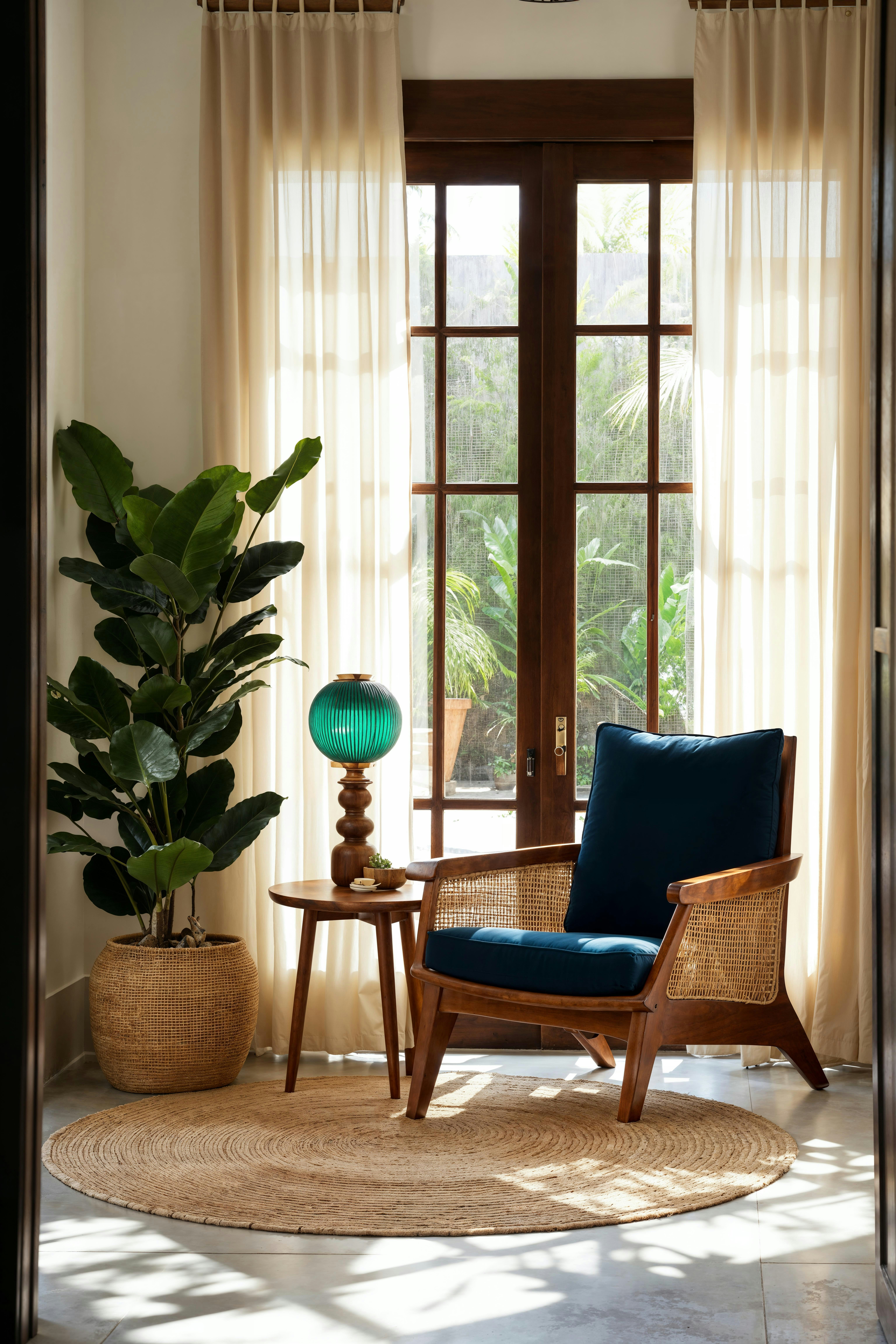 Rattan lounge chair in a serene tropical mid-century modern seating area