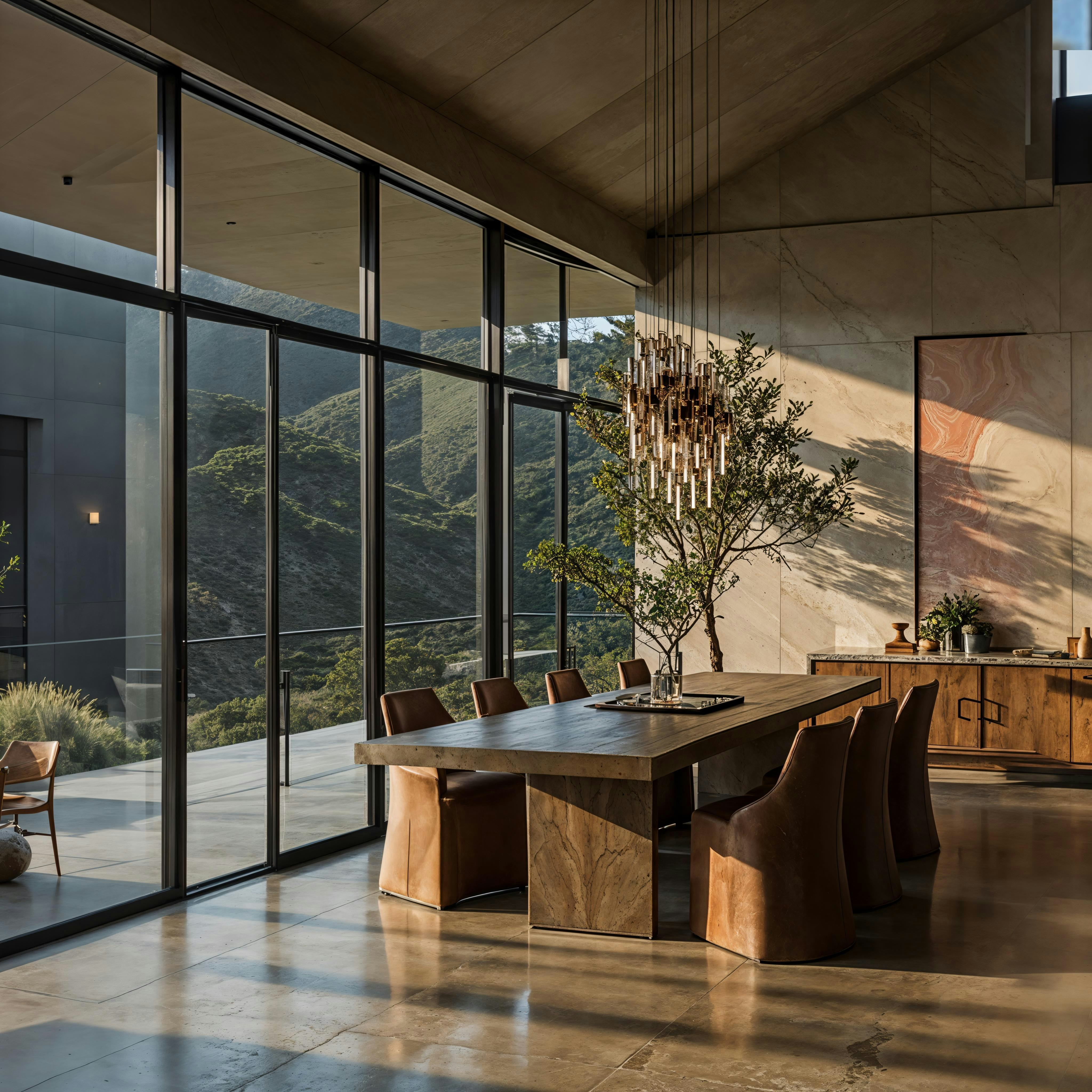 Dining table centered in a modern dining room