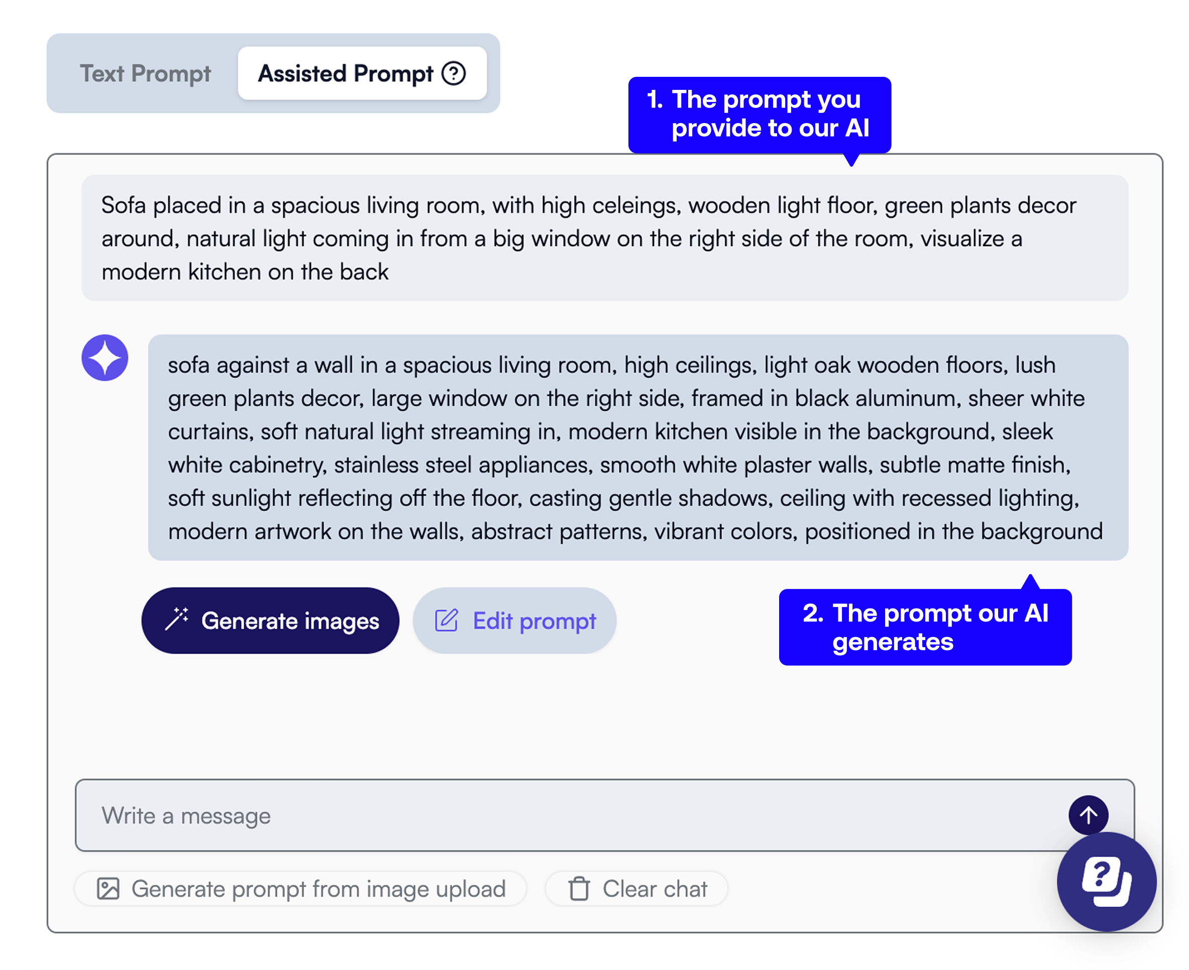 Assisted Prompt interface showing AI-powered prompt enhancement