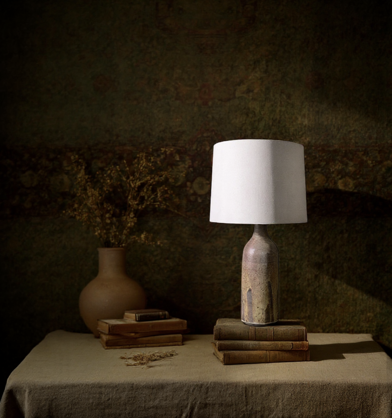 Table lamp positioned on a textured linen-covered surface