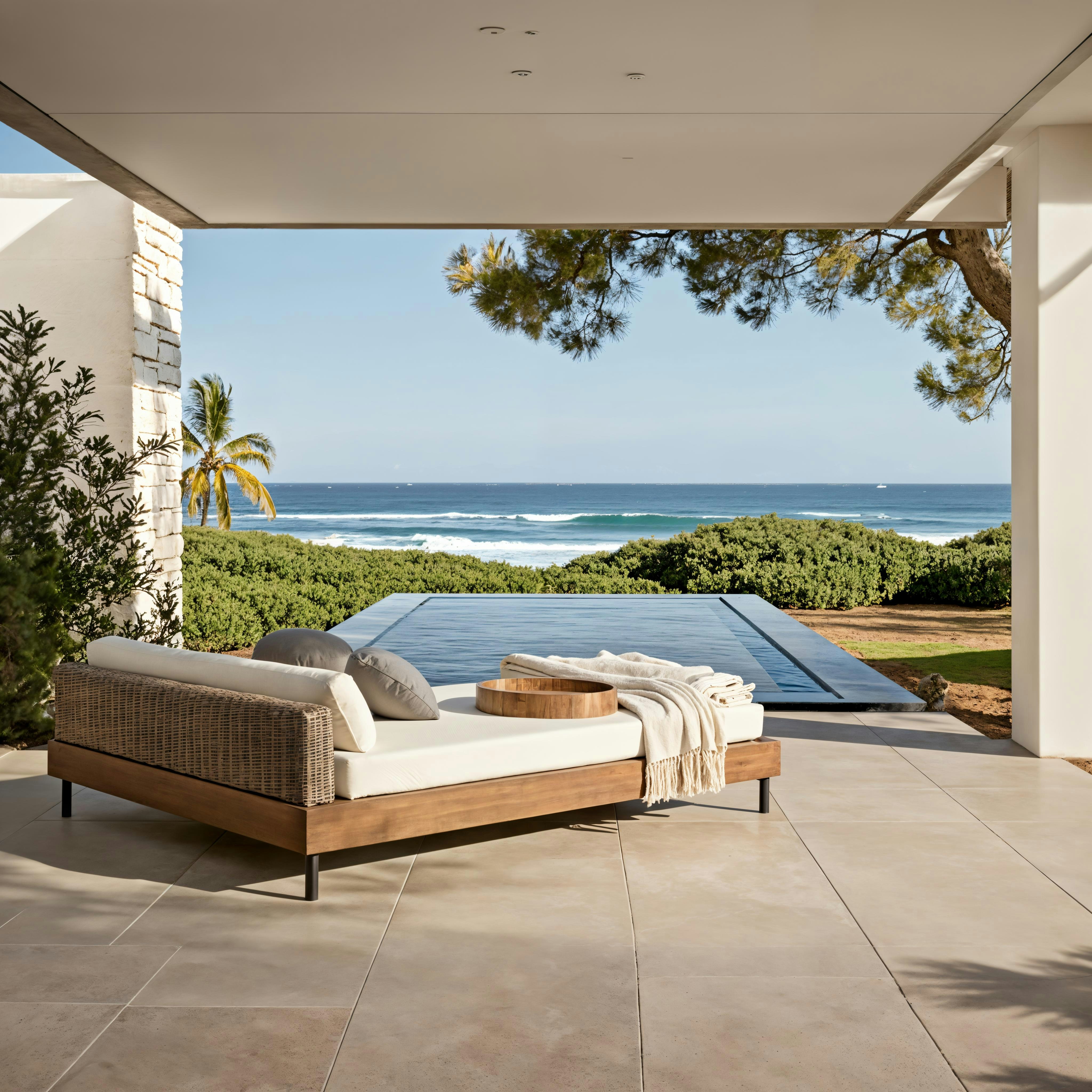 Modern outdoor daybed on a luxurious oceanfront terrace