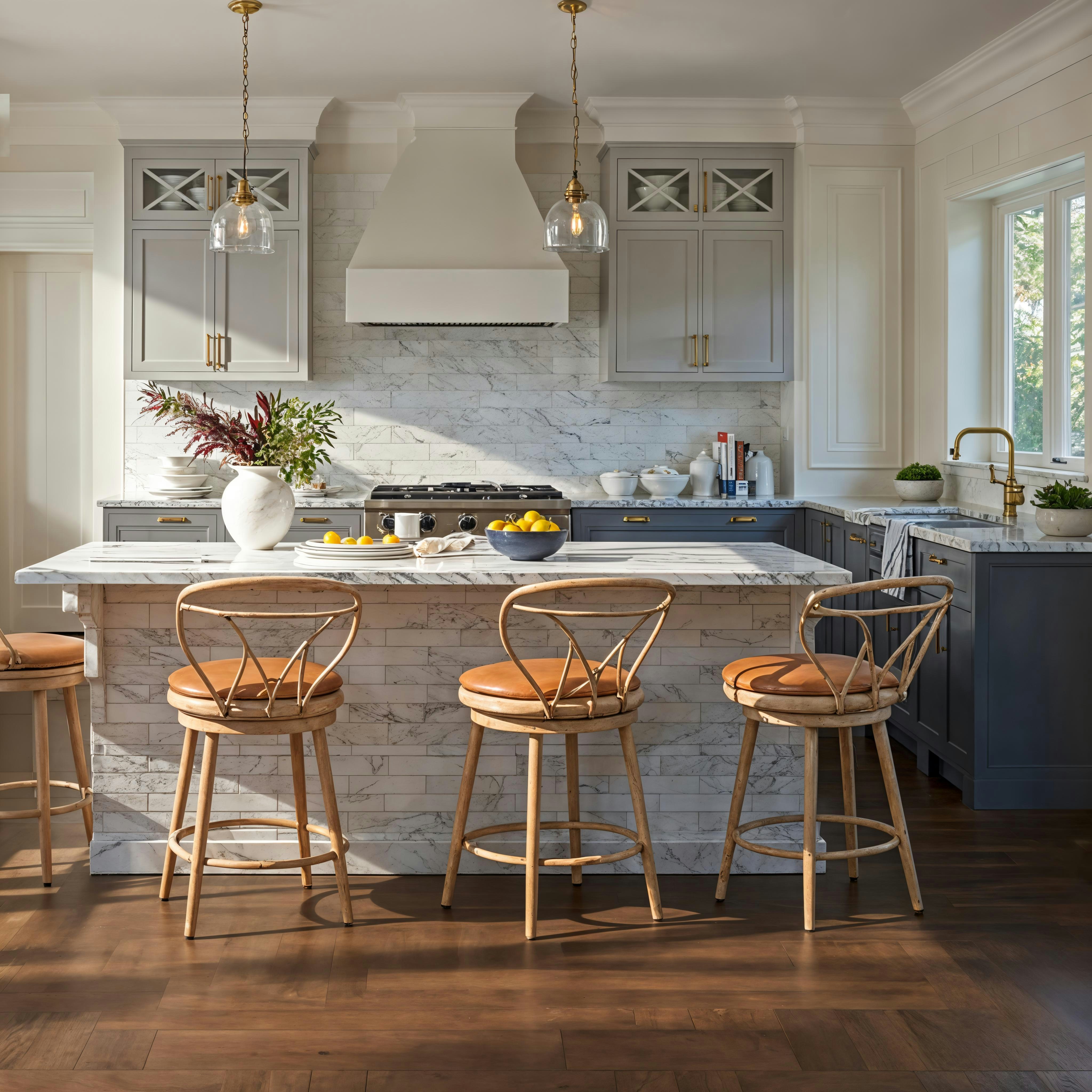 Counter stools behind a straight on of an island